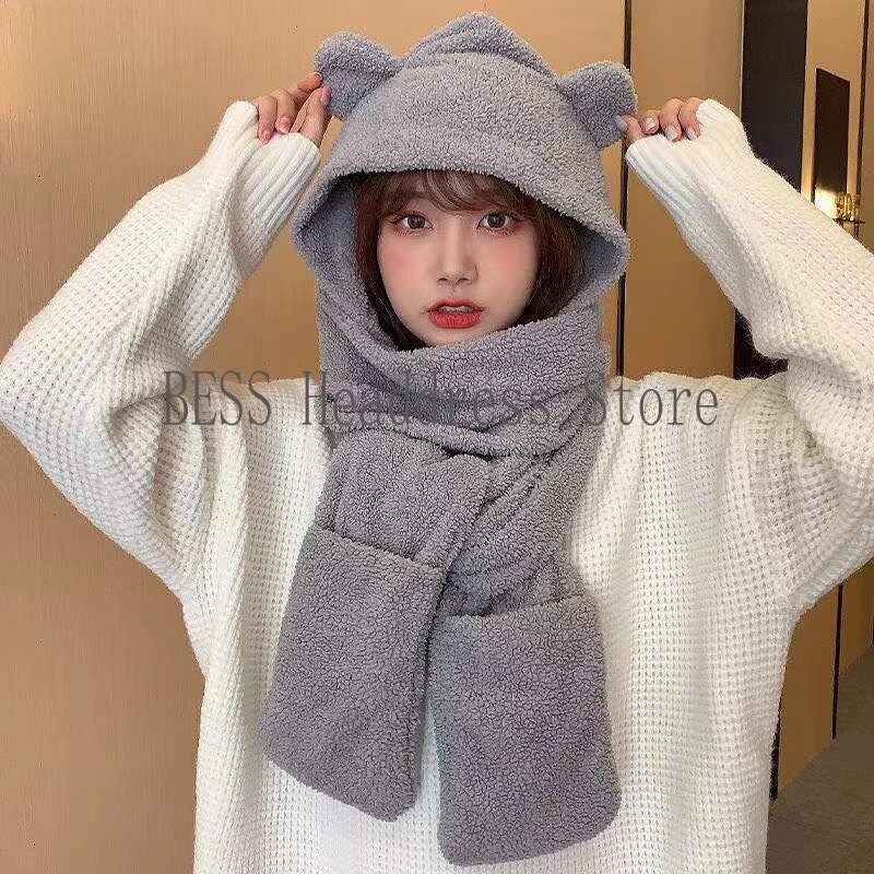 Jauns Cute Bear Ausu Cepure Šalle Cimdi Komplekts Ziemai Sievietēm Vīrieši Pupiņas Cepures Siltas Ikdienišķas Plīša Cepures Ikdienišķas Solīdas Flīša Meitenes Dāvana