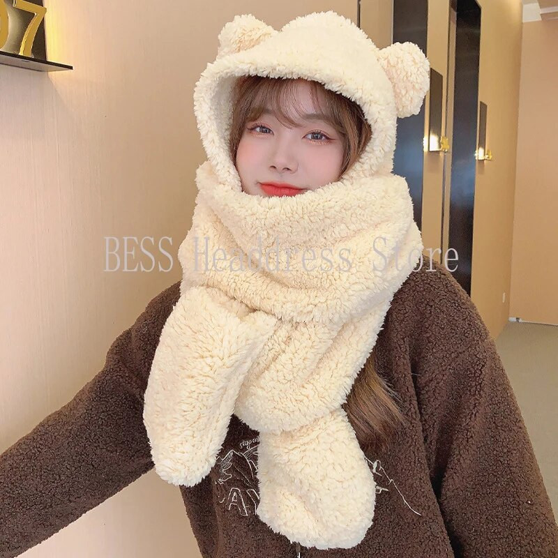 Jauns Cute Bear Ausu Cepure Šalle Cimdi Komplekts Ziemai Sievietēm Vīrieši Pupiņas Cepures Siltas Ikdienišķas Plīša Cepures Ikdienišķas Solīdas Flīša Meitenes Dāvana