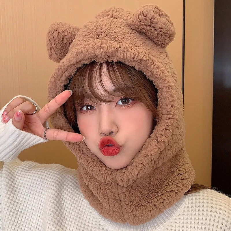 Jauns Cute Bear Ausu Cepure Šalle Cimdi Komplekts Ziemai Sievietēm Vīrieši Pupiņas Cepures Siltas Ikdienišķas Plīša Cepures Ikdienišķas Solīdas Flīša Meitenes Dāvana