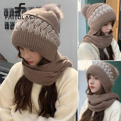 Sieviešu ziemas kapuces pupiņas Bieza vilnas trikotāžas cepure + šalle kažokādas Pompons tamborētas motora pārsegs āra slēpes Sieviešu galvassegas cepures siltas galvassegas