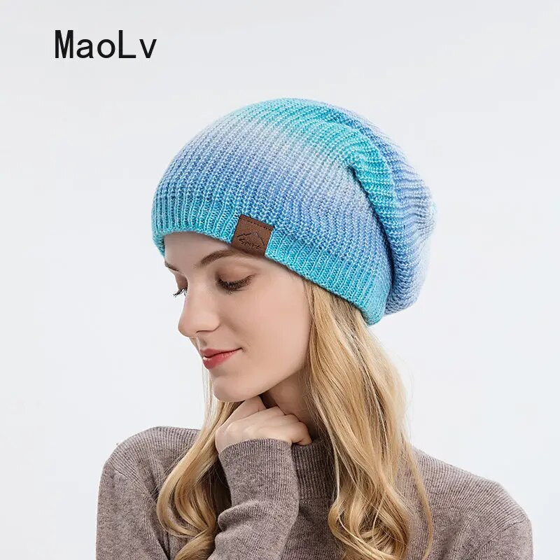 Krāsaina plīša trikotāžas cepure sievietēm ziemas gradienta krāsa silta vilnas cepure Sieviešu galvaskausa pupiņas āra biezāka modes pārsegs