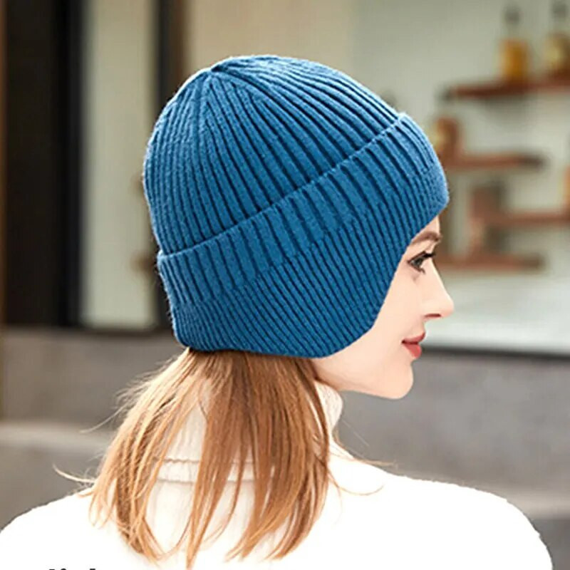 Pălărie de lână tricotată pentru bărbați și femei de iarnă, la modă, în aer liber, de culoare uni, îngroșată, caldă, pentru protecție a urechilor, pălărie pentru călărie.