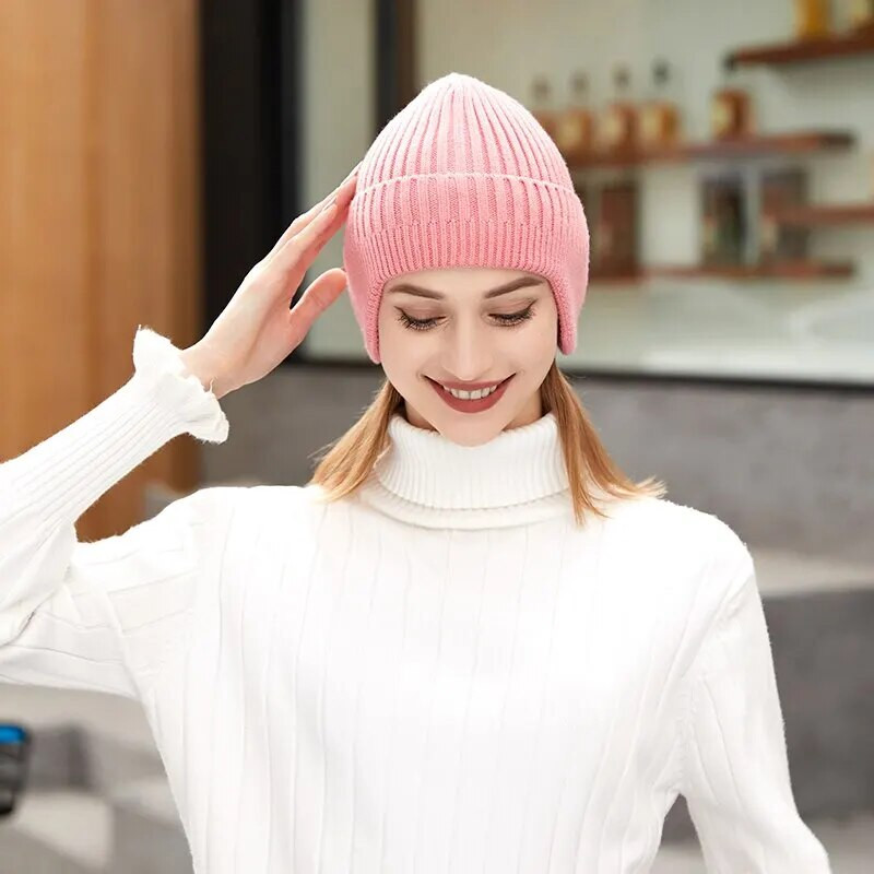 Pălărie de lână tricotată pentru bărbați și femei de iarnă, la modă, în aer liber, de culoare uni, îngroșată, caldă, pentru protecție a urechilor, pălărie pentru călărie.