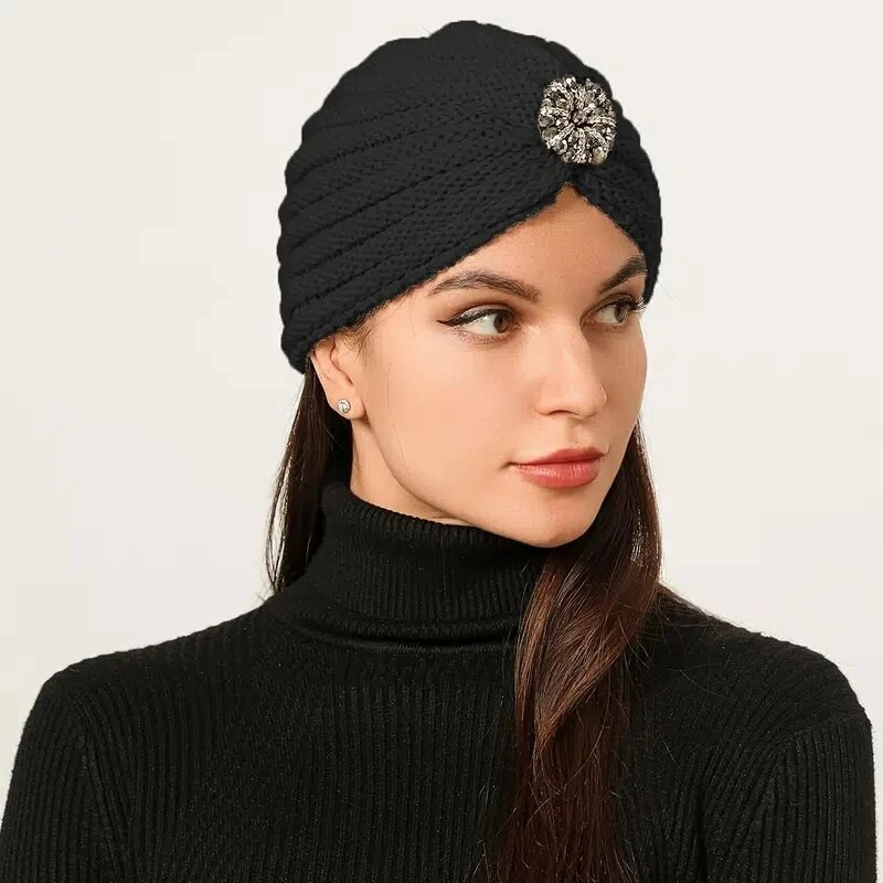 2023. gada jauna apaļa krelles aksesuāru cepure Sieviešu vilnas trikotāžas cepures Bohēmijas hidžāba cepure Rudens un ziemas sudraba dimanta rotaslietas pārsegs