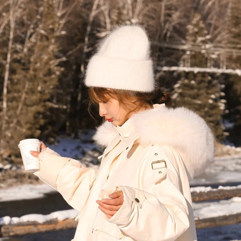 Ziemas Angola Trušu kažokādas trikotāžas pupiņas sievietēm Modes, masīvas, siltas kašmira vilnas galvas, sieviešu cepures, trīs salocītas biezas cepures