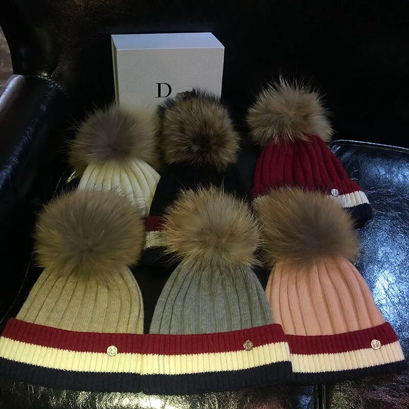 Ženske zimske vunene kape s kapom od 100% rakuna, šešir s pomponima Ženske pletene kape s pomponima