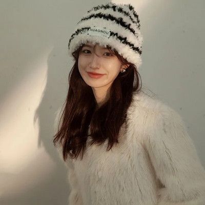 Ziemas sieviešu pupiņu cepure Jauka lāča auss adīta bieza plīša cepure multfilma vienkrāsains silts biezs pāris kausa cepures