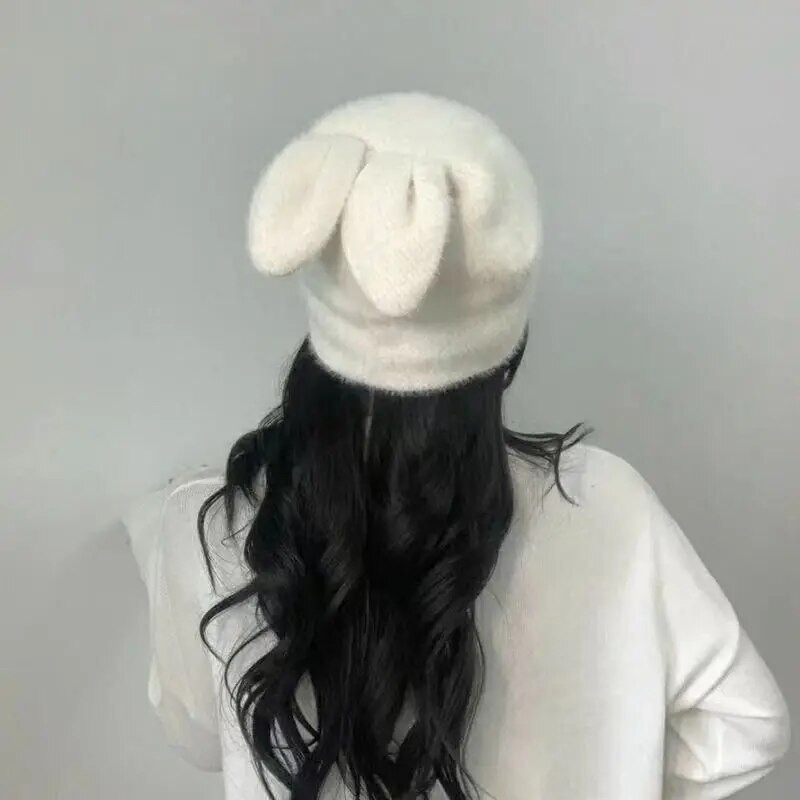 Jaukas truša ausis trikotāžas cepures sievietēm rudens ziema silta mīksta truša kažokāda Beanie cepure meitenēm vienkrāsaina elastīga slēpošanas cepure