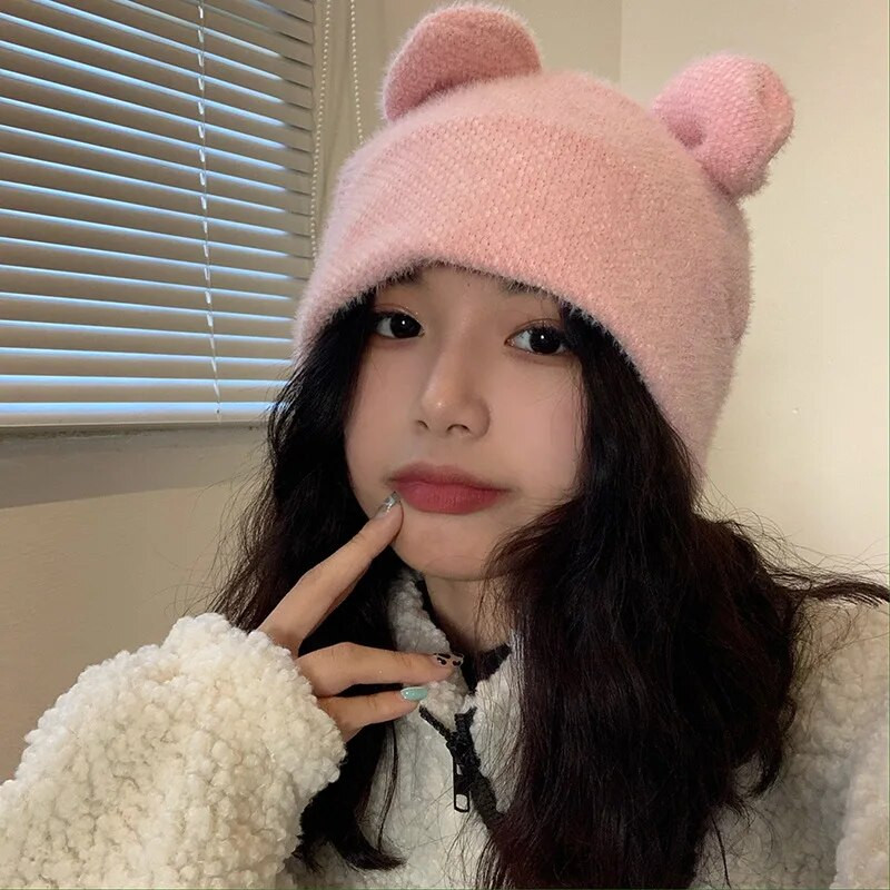 Jaukas truša ausis trikotāžas cepures sievietēm rudens ziema silta mīksta truša kažokāda Beanie cepure meitenēm vienkrāsaina elastīga slēpošanas cepure