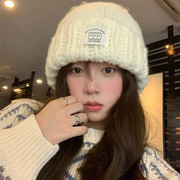 Κορεάτικο πλεκτό καπέλο από χοντρό μαλλί για γυναίκες Χειμωνιάτικες ζεστές ωτοασπίδες Καπέλο σκι καπέλο ιππασίας για σκι Μόδα μονόχρωμο Beanie Skullcaps 모자