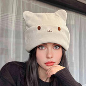 Плетена шапка с котешки уши с малко дяволче Дамска зимна шапка Kawaii Дамски шапки