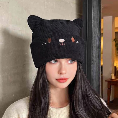 Плетена шапка с котешки уши с малко дяволче Дамска зимна шапка Kawaii Дамски шапки