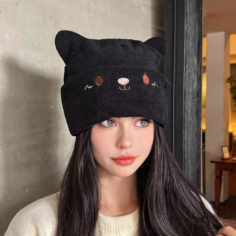 Adīta kaķa auss Mazā velna cepure sievietēm Kawaii ziemas beanie sieviešu cepures