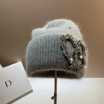 Γυναικείο πλεκτό καπέλο από αληθινή γούνα κουνελιού Πολυτελή στρας Καρδιά μοτίβο χειμωνιάτικων καπέλων σχεδιαστών καπέλων Lady Warm walking Bonnet Beanie
