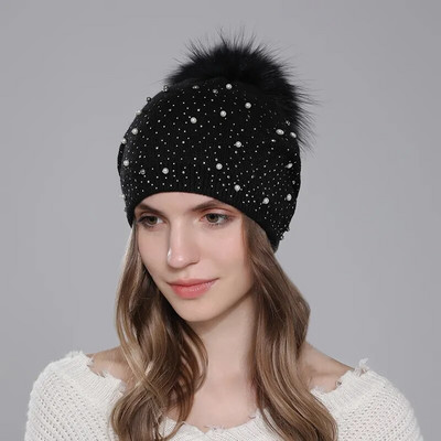 CNTANG Decorate Pearl Women Beanie Pletene vunene kape Modni šešir od prirodnog rakuna krzna s pomponima Jesen Zima Topla ležerna ženska kapa