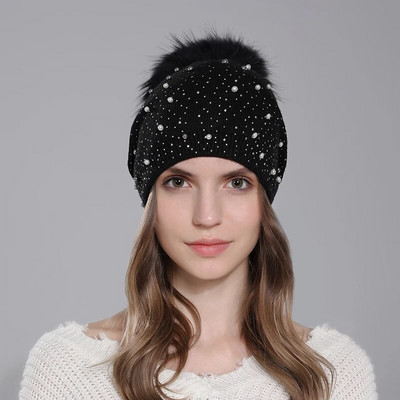 CNTANG Dekorēt Pērļu Sieviešu Beanie Trikotāžas Vilnas Cepures Modes Dabiskas jenots Kažokādas Cepure Rudens Ziemas Silts Ikdienas Sieviešu Cepure