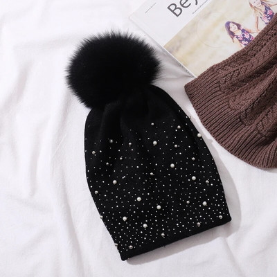 CNTANG Dekorēt Pērļu Sieviešu Beanie Trikotāžas Vilnas Cepures Modes Dabiskas jenots Kažokādas Cepure Rudens Ziemas Silts Ikdienas Sieviešu Cepure