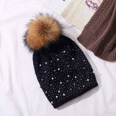 CNTANG Dekorēt Pērļu Sieviešu Beanie Trikotāžas Vilnas Cepures Modes Dabiskas jenots Kažokādas Cepure Rudens Ziemas Silts Ikdienas Sieviešu Cepure