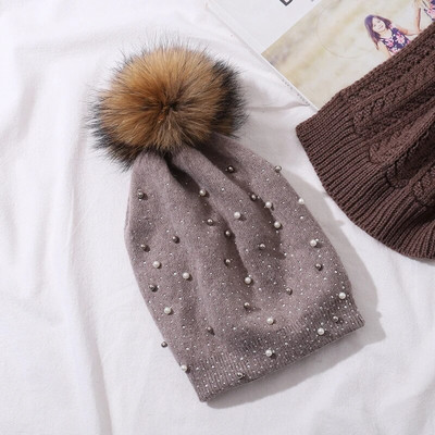 CNTANG Dekorēt Pērļu Sieviešu Beanie Trikotāžas Vilnas Cepures Modes Dabiskas jenots Kažokādas Cepure Rudens Ziemas Silts Ikdienas Sieviešu Cepure