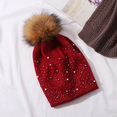 CNTANG Dekorēt Pērļu Sieviešu Beanie Trikotāžas Vilnas Cepures Modes Dabiskas jenots Kažokādas Cepure Rudens Ziemas Silts Ikdienas Sieviešu Cepure