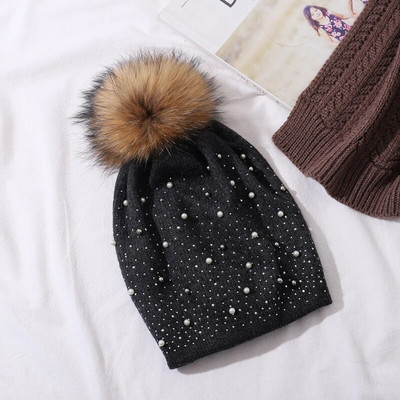 CNTANG Dekorēt Pērļu Sieviešu Beanie Trikotāžas Vilnas Cepures Modes Dabiskas jenots Kažokādas Cepure Rudens Ziemas Silts Ikdienas Sieviešu Cepure