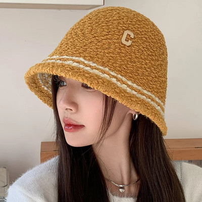 RICYGVM lambafliisist naiste Panama basseini müts mood C-täht ämbrimüts ühevärviline villane kalamehemüts talve soojad plüüsist visiirid