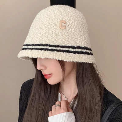 RICYGVM lambafliisist naiste Panama basseini müts mood C-täht ämbrimüts ühevärviline villane kalamehemüts talve soojad plüüsist visiirid