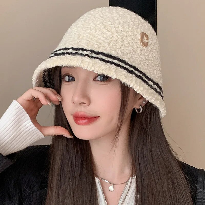 RICYGVM lambafliisist naiste Panama basseini müts mood C-täht ämbrimüts ühevärviline villane kalamehemüts talve soojad plüüsist visiirid