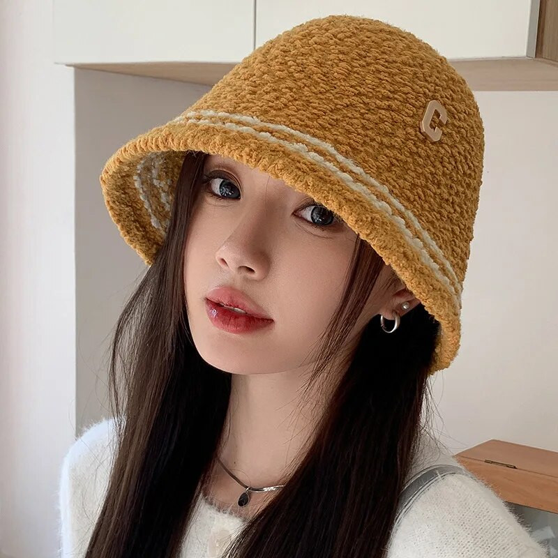 RICYGVM lambafliisist naiste Panama basseini müts mood C-täht ämbrimüts ühevärviline villane kalamehemüts talve soojad plüüsist visiirid