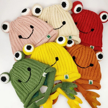 Γονέας-παιδί Χαριτωμένα καπέλο βάτραχου φθινοπώρου και χειμώνα Ζεστά πλεκτά μάλλινα καπέλα για γυναίκες και άνδρες Καπέλα ψαράδων κινουμένων σχεδίων