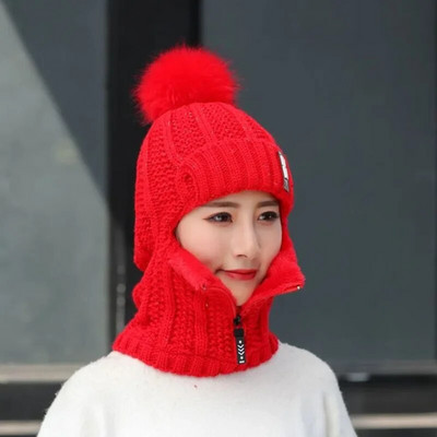 Sieviešu vilnas trikotāžas cepures slēpošanas cepures komplekti vēja necaurlaidīgi ziemas āra adīti biezi siāmiešu šalles apkakles silti saglabāt seju siltāki Pompons vāciņš