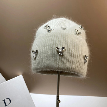 Angola Rabbit Fur Luxury Rhinestones Winter Beanies Καπέλα για γυναίκες Ζεστό πλεκτό καπέλο Lady Outdoor Walking Bonnet Skulles Skiing