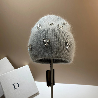 Krzno zeca iz Angole, luksuzni kamenčići, zimske kapice, šeširi za žene, topla pletena kapa, ženska kapa za šetnju na otvorenom, skijanje, skijanje