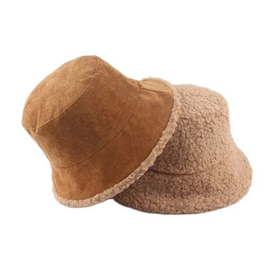 Унисекс Harajuku Corduroy Bucket Hat Мъжка реверсивна рибарска шапка Есен Зима Агнешка вълна Топла панама шапка за жени