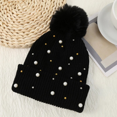 Pērļu ielaidums vienkrāsains Ziemas gofrēšana Saglabā siltumu Pompom Cepure Aldult Pompom Elastība Vīrieši Beanie Cepure Sieviešu slēpošanas cepure
