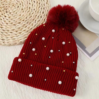 Pērļu ielaidums vienkrāsains Ziemas gofrēšana Saglabā siltumu Pompom Cepure Aldult Pompom Elastība Vīrieši Beanie Cepure Sieviešu slēpošanas cepure