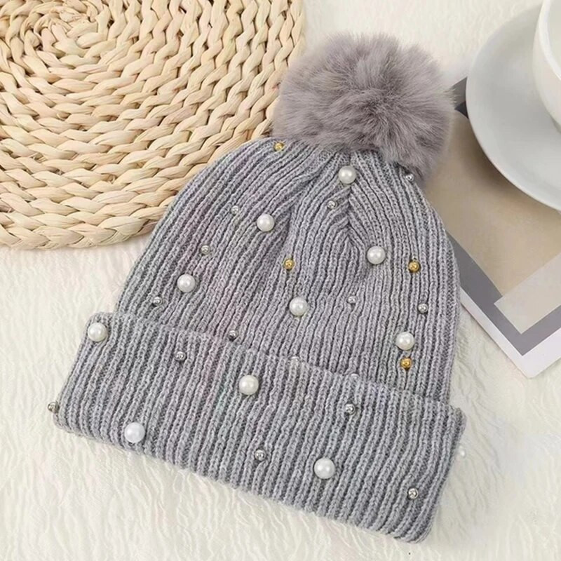 Pērļu ielaidums vienkrāsains Ziemas gofrēšana Saglabā siltumu Pompom Cepure Aldult Pompom Elastība Vīrieši Beanie Cepure Sieviešu slēpošanas cepure