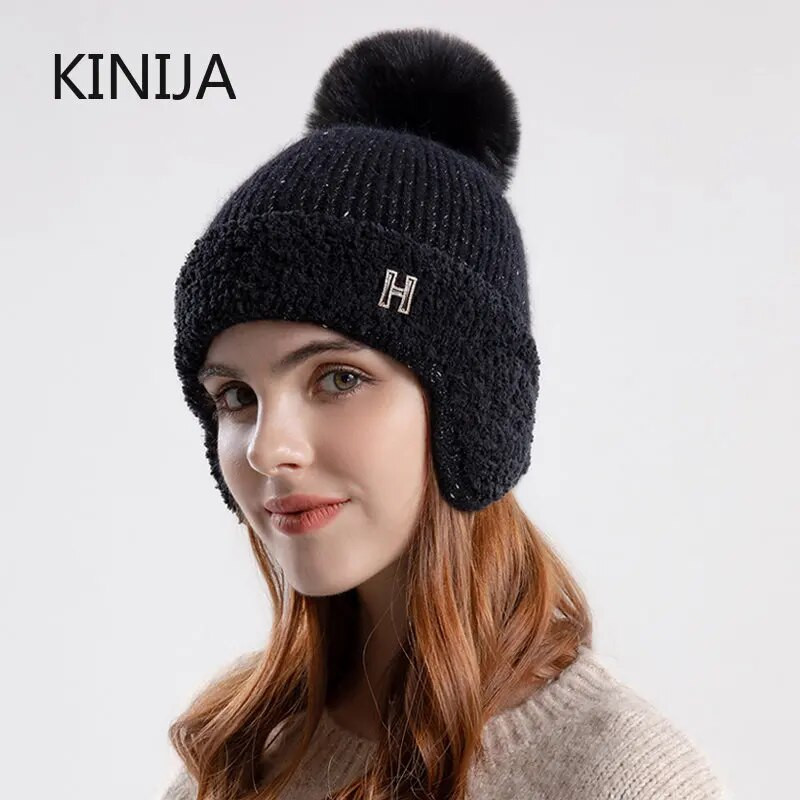 Plīša ausu aizsardzības cepure sievietēm ziemā Krievijā, āra bieza, vēja necaurlaidīga silta trikotāžas cepure Modes aukstumizturīga Benines cepure
