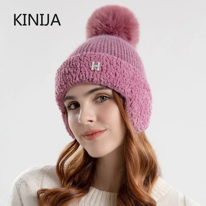 Plīša ausu aizsardzības cepure sievietēm ziemā Krievijā, āra bieza, vēja necaurlaidīga silta trikotāžas cepure Modes aukstumizturīga Benines cepure