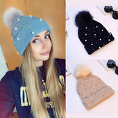 Sieviešu ziemas modes cepure, 2021. g., Cepures Bumbiņas Cepures Pērles Rhinestones Trikotāžas Vilnas Beanie Ikdienas āra, Siltas Sieviešu Skullies Cepures
