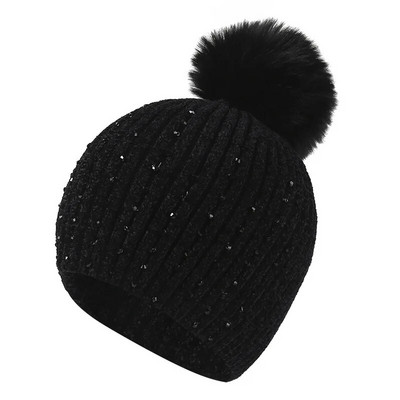 Sieviešu ziemas modes cepure, 2021. g., Cepures Bumbiņas Cepures Pērles Rhinestones Trikotāžas Vilnas Beanie Ikdienas āra, Siltas Sieviešu Skullies Cepures