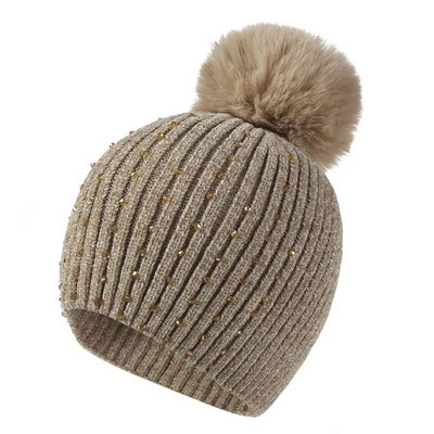 Sieviešu ziemas modes cepure, 2021. g., Cepures Bumbiņas Cepures Pērles Rhinestones Trikotāžas Vilnas Beanie Ikdienas āra, Siltas Sieviešu Skullies Cepures