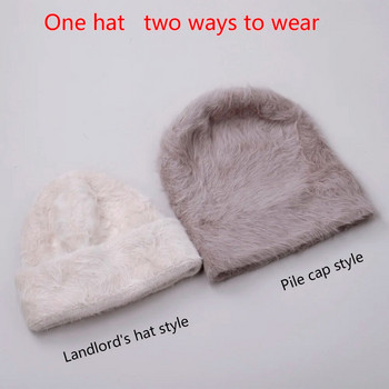 2022 νέα μόδα Rabbit Fur Beanies Μαλακό ζεστό χνουδωτό φωτεινό μεταξωτό χειμερινό καπέλο για γυναίκες καπέλο Skullies Beanies καπό καπό