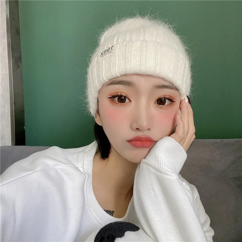 Jauna dāmu ziemas trikotāžas cepure Angoras truša kažokādas ausu beanie cepure sievietēm.