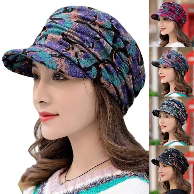 Divatos női meleg szélálló sapka virágmintás meleg, széles karimájú sapkák turbán napellenzős sapka népi stílusú turbante mujer