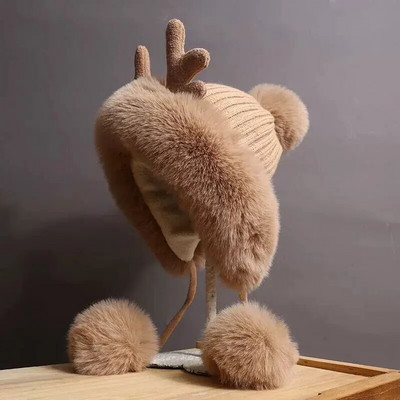 Χειμερινό χαριτωμένο ζεστό καπέλο τάρανδος Γυναικεία φασόλια αντιανεμικό καπέλο φοιτητικές γυναίκες Προσθέστε μάλλινο καπέλο γυναικείο καπέλο δώρο για κορίτσια Χριστουγεννιάτικα δώρα