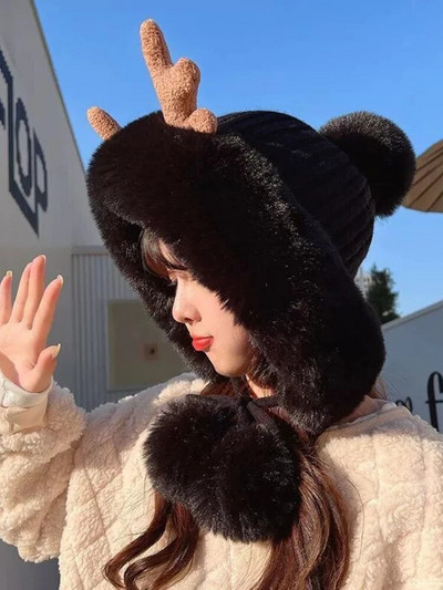 Χειμερινό χαριτωμένο ζεστό καπέλο τάρανδος Γυναικεία φασόλια αντιανεμικό καπέλο φοιτητικές γυναίκες Προσθέστε μάλλινο καπέλο γυναικείο καπέλο δώρο για κορίτσια Χριστουγεννιάτικα δώρα