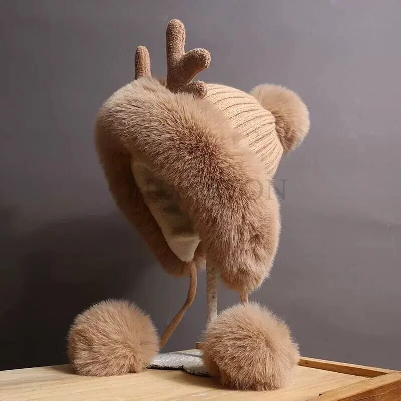 Χειμερινό χαριτωμένο ζεστό καπέλο τάρανδος Γυναικεία φασόλια αντιανεμικό καπέλο φοιτητικές γυναίκες Προσθέστε μάλλινο καπέλο γυναικείο καπέλο δώρο για κορίτσια Χριστουγεννιάτικα δώρα