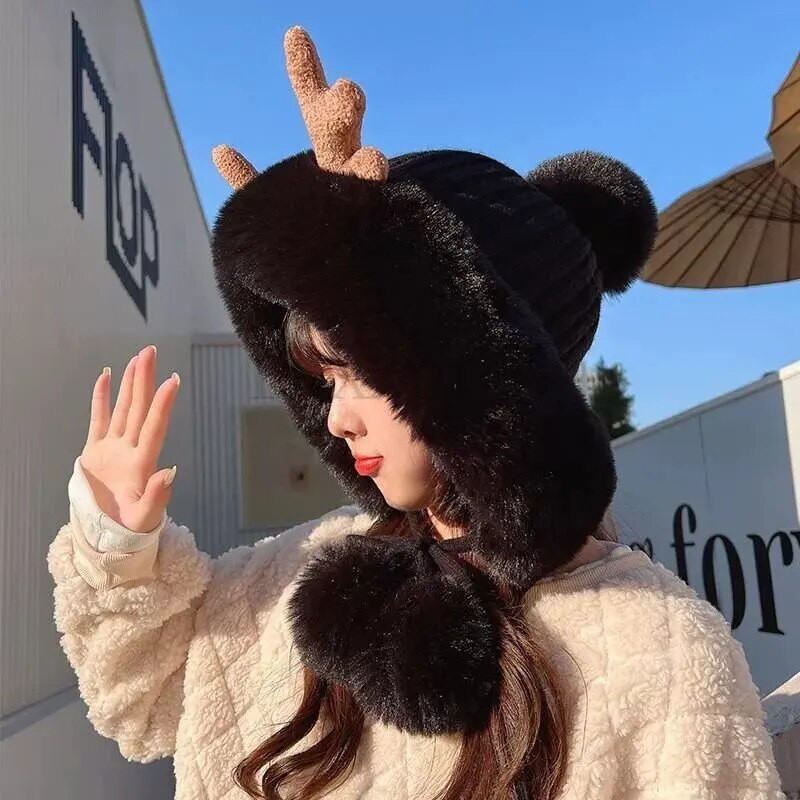 Χειμερινό χαριτωμένο ζεστό καπέλο τάρανδος Γυναικεία φασόλια αντιανεμικό καπέλο φοιτητικές γυναίκες Προσθέστε μάλλινο καπέλο γυναικείο καπέλο δώρο για κορίτσια Χριστουγεννιάτικα δώρα