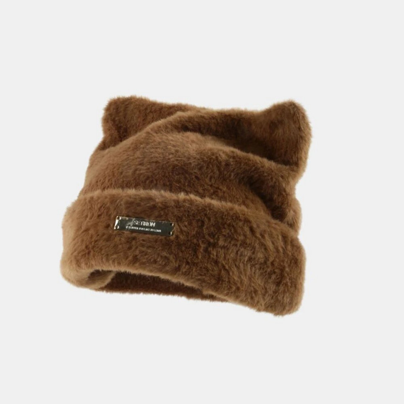 Koreja Jauki Kaķa Ausis Adīta Cepurīte Rudens un Ziemas Silta Imitācija Ūdele Matu Pulovers Cepures Sievietēm Zelta standarta Japāņu pupiņas